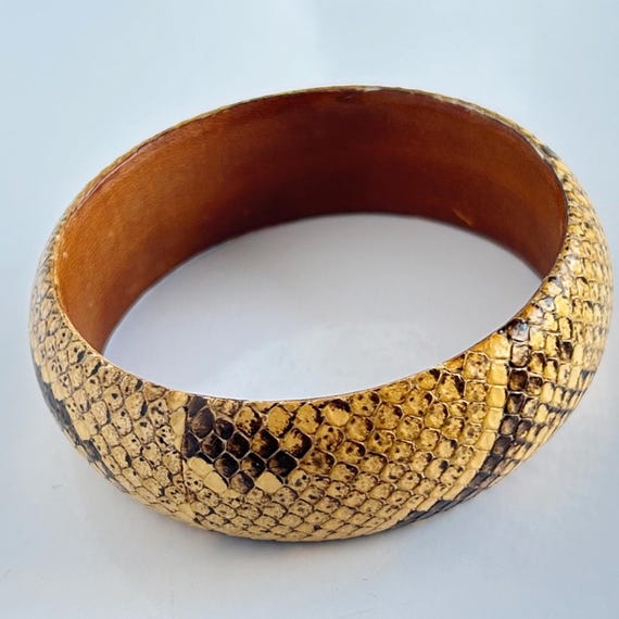 Vintage Neutral Beige Snakeskin  Bangle with Leat… - image 4