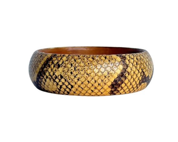 Vintage Neutral Beige Snakeskin  Bangle with Leat… - image 1
