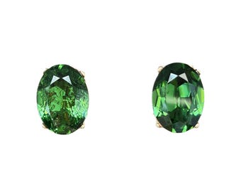 Vintage Signed CROWN TRIFARI Green Oval Clip On Gem Crystal Earrings