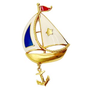 Grande broche bateau voilier couleur or incrusté de cristaux bijou vintage 3327