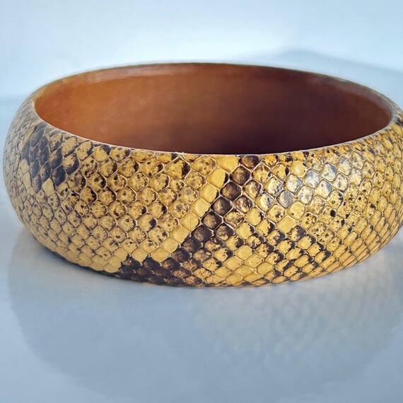 Vintage Neutral Beige Snakeskin  Bangle with Leat… - image 3