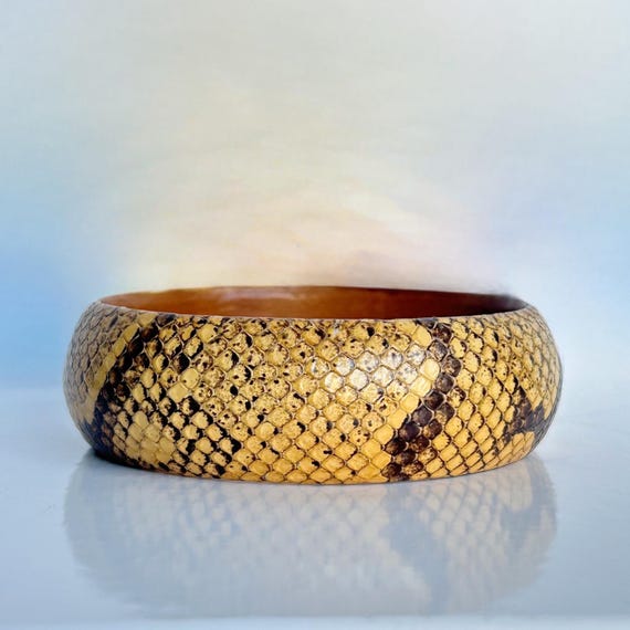 Vintage Neutral Beige Snakeskin  Bangle with Leat… - image 2