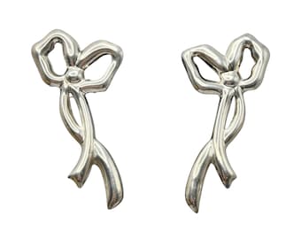 Vintage Signed Sterling Large Bow Ribbon Earrings 925 Mexico
