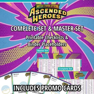 Méga évolution | Listes de contrôle de l'ensemble principal et de l'ensemble complet des Héros de l'ascension + espaces réservés pour le classeur | Liste de contrôle imprimable JCC Héros de l'ascension