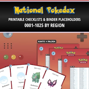 Pokémon TCG | Lista de verificação da Pokédex Nacional + Marcadores de posição para fichário | TODOS os 1025 Pokémon | Organizados por região | Listas de verificação imprimíveis do Pokémon TCG