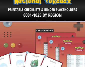 Pokemon TCG | National Pokedex Checklist + Binder Placeholders | ALL 1025 Pokemon | Organized By Region | Printable Pokemon TCG Checklists