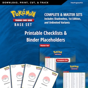 May include: A promotional image for a Pokémon Trading Card Game Base Set. The image features the Pokémon logo, text that reads "COMPLETE & MASTER SETS," and "Printable Checklists & Binder Placeholders." Several Alakazam cards are visible.
