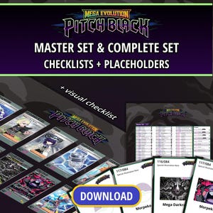 May include: A digital collection of Mega Evolution Pitch Black trading card checklists and placeholders. The graphic features the title text, a visual checklist, and several card examples with a prominent blue button labeled DOWNLOAD.