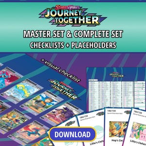 May include: A digital collection of Scarlet & Violet Journey Together master set and complete set checklists and placeholders. The image displays various trading card illustrations, a detailed text-based checklist, and a prominent blue download button.