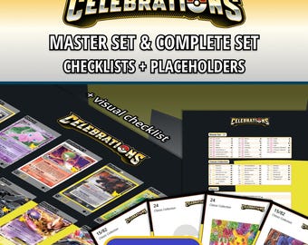 May include: A digital collection of Pokémon Celebrations trading card checklists and placeholders. The image features the Celebrations logo, a visual checklist, and several cards including Mew, Gardevoir, and Pikachu. A blue button labeled DOWNLOAD is visible.