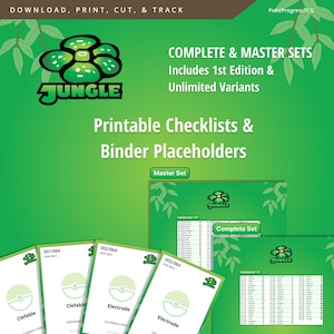 May include: A green and white graphic featuring the word "Jungle" and the text "Complete & Master Sets." The image includes printable checklists and binder placeholders for trading cards. Several cards are visible, with the names "Clefable" and "Electrode."