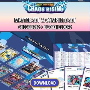 Könnte beinhalten: Eine digitale Sammlung von Checklisten und Platzhaltern für Mega Evolution Chaos Rising Sammelkarten. Das Bild zeigt einen blauen Hintergrund mit Karten-Vorschauen und einen auffälligen gelben Button mit der Aufschrift DOWNLOAD.