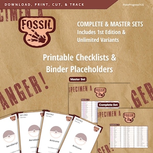 May include: A collection of printable checklists and binder placeholders for a card game. The design features a brown background with the word "FOSSIL" and a fossilized hand logo. The cards include "Aerodactyl" and "Articuno".
