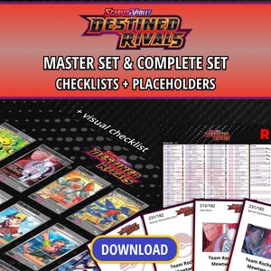 May include: A digital product featuring Scarlet & Violet Destined Rivals master set and complete set checklists with placeholders. The image displays a visual checklist, various trading card illustrations, and a prominent blue button labelled DOWNLOAD.