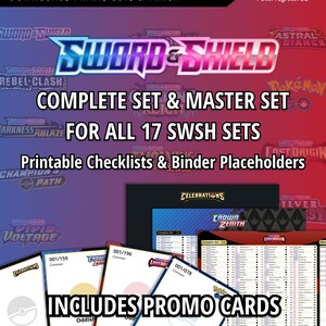 Listas de verificación y marcadores de posición para carpetas de Pokémon Espada y Escudo / Los 17 sets / Accesorios imprimibles de Pokémon TCG / Set completo y set maestro
