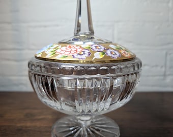 Vintage Bohemia Hand Cut Lead Crystal Covered Candy Dish | Czechoslovakia Floral Enamel Trinket Bowl | Gold Gilt Crystal Candy Jar