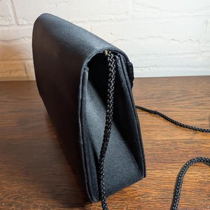 Vintage Nordstrom Black Satin Evening Clutch Purse – Velvet Pleated Bow Front, Gold Tone Hardware, 1980-90s Formal Cocktail Bag image 4