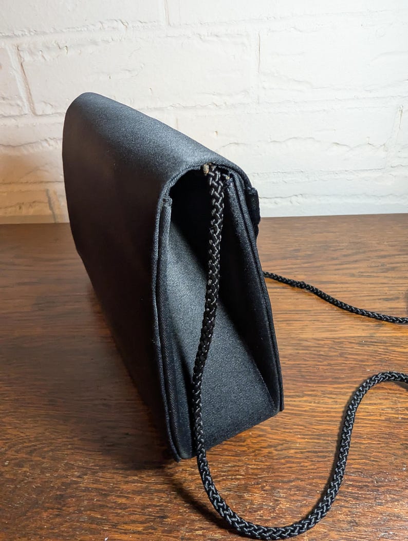 Vintage Nordstrom Black Satin Evening Clutch Purse – Velvet Pleated Bow Front, Gold Tone Hardware, 1980-90s Formal Cocktail Bag image 4