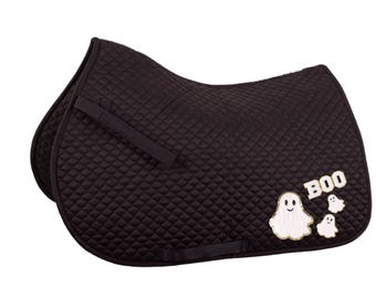 Custom Black Ghost “Boo” Saddle Pad – Quilted All-Purpose/Jumping or Dressage Pad for Halloween