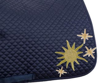 Custom Navy Constellation Saddle Pad – Quilted All-Purpose/Jumping Pad with Embroidered Sun & Star Patches