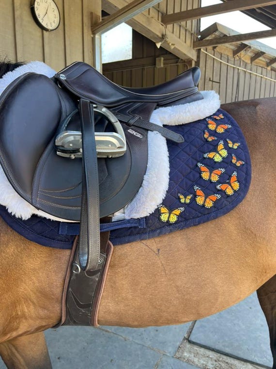 Navy Saddle Pad with Monarch Butterflies – Quilted All-Purpose/Jumping Pad