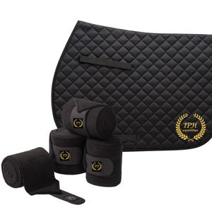 May include: Black equestrian set featuring a quilted saddle pad and four polo wraps. The saddle pad has a diamond pattern and a gold logo. The polo wraps are rolled and secured with a velcro strap. Equestrian equipment.