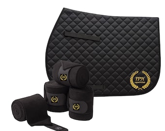 Custom IPH Saddle Pad Polo Wrap Set Black & Gold Embroidered Patch All Purpose Pad