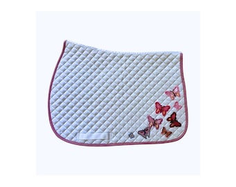 Custom White & Pink Butterfly Saddle Pad – Quilted All-Purpose/Jumping Pad with Embroidered Patches