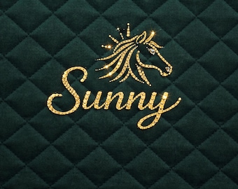 Custom Rhinestone Saddle Pad – “Sunny” Name + Horse Logo – Navy or Hunter Green – Jumper / All Purpose – Double-Sided Design