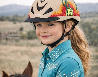 Custom Western Desert Rhinestone Riding Helmet – Troxel Rebel Low Profile – Cactus Sunset Bling Design