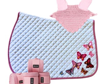 Custom White Pink Butterfly Saddle Pad Set with Matching Bonnet and Polos