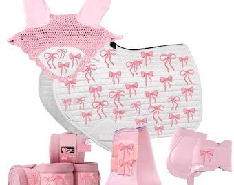 Custom Pink Ribbons and Bows Complete Saddle, Bonnet, Polos and Boots Set