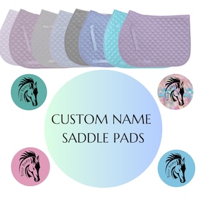 May include: A collection of quilted saddle pads in various pastel colors, including lavender, gray, and blue. The pads are displayed with circular logos featuring a horse head silhouette and the text "Custom Name Saddle Pads".