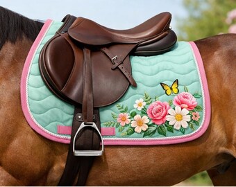 Spring Floral English Saddle Pad | Mint Green, Pink Trim, Butterfly Accent