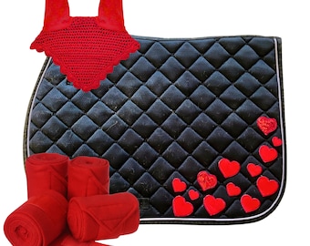 Custom Black Saddle Pad Set with Red Hearts, Matching Bonnet and Polos