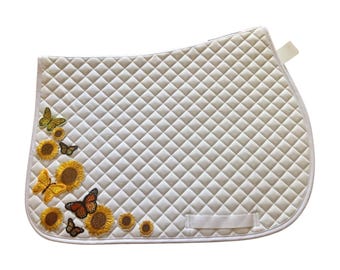 Embroidered Sunflower & Monarch Butterfly Saddle Pad: White Quilted Horse Tack