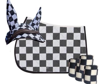 Black & White Checkerboard Saddle Pad, Bonnet and Polo Set – Custom Made