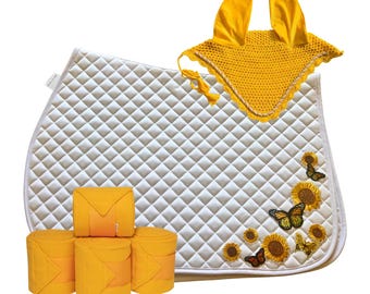 Custom Sunflower Monarch Horse Saddle Pad Set: Quilted All Purpose, Matching Bonnet & Polos