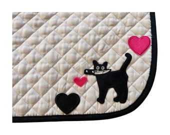 White Quilted Saddle Pad: Black Cat & Hearts Embroidery - Equestrian Gift