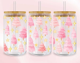 Adesivo para Vinil com Árvores de Natal Rosa - Transferência UV DTF Colorida e de Fácil Aplicação - Transferência Permanente