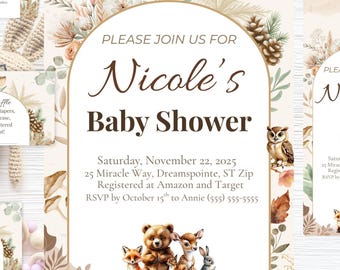 Peut inclure: Un ensemble de faire-part de naissance sur le thème de la forêt, avec des modèles Canva modifiables. Le design comprend des invitations, des cartes de remerciement et des cartes de tombola. L'invitation indique "Baby Shower de Nicole".
