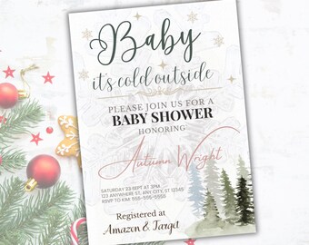 Op de afbeelding: Een uitnodiging voor een babyshower met de tekst "Baby it's cold outside". De uitnodiging heeft een winterthema met sneeuwvlokken en dennenbomen. De uitnodiging is voor Autumn Wright en is geregistreerd bij Amazon & Target.