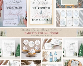 May include: A collection of baby shower stationery with a winter theme. Includes invitations, welcome signs, cupcake toppers, thank you cards, and more. The designs feature a snowy forest and the phrase "Baby it's cold outside."