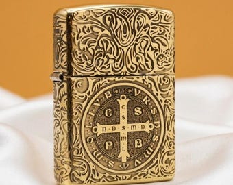 Constantine Zippo Armor Brass, 5-Sided Seamless Deep Engraving, Saint Benedict Medal Custom Lighter