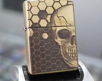Zippo Skull Hexagon Pattern Lighter, Deep Carved Zippo Armor - Antique Brass Finish Vintage Gothic Biker Gift for Him