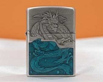 Briquet Zippo Dragon gravé en 3D, Rare Dragon Zippo personnalisé gravé en profondeur, incrustation de résine bleue, cadeau unique pour homme