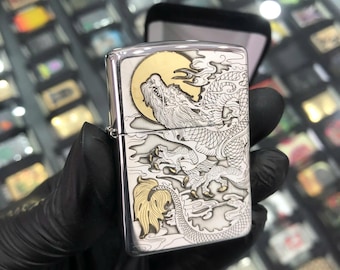 Zippo Sterling Silver, Dragon i Phoenix ręcznie zdobione, rzadkie luksusowe zapalniczki Zippo