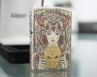 Zippo-Feuerzeug, tibetische Kunstgöttin Maske Zippo graviert, mythologisches Zippo, einzigartiges spirituelles Feuerzeug, handgefertigtes Design