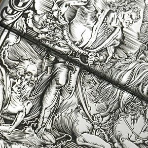 May include: Detailed black and white relief carving depicting classical figures, horses, and intricate patterns. The artwork features a high level of detail and texture, with a focus on historical or mythological themes. The overall aesthetic is ornate and artistic.