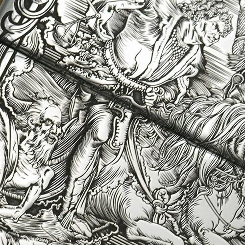 May include: Detailed black and white relief carving depicting classical figures, horses, and intricate patterns. The artwork features a high level of detail and texture, with a focus on historical or mythological themes. The overall aesthetic is ornate and artistic.